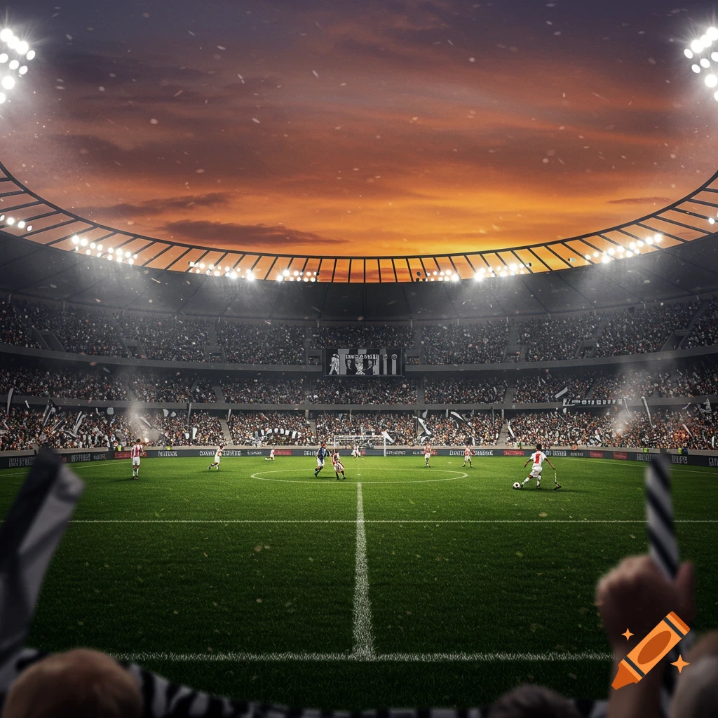 A photorealistic image of a soccer match in a large, crowded stadium under a dramatic sunset sky, with players on the green field.