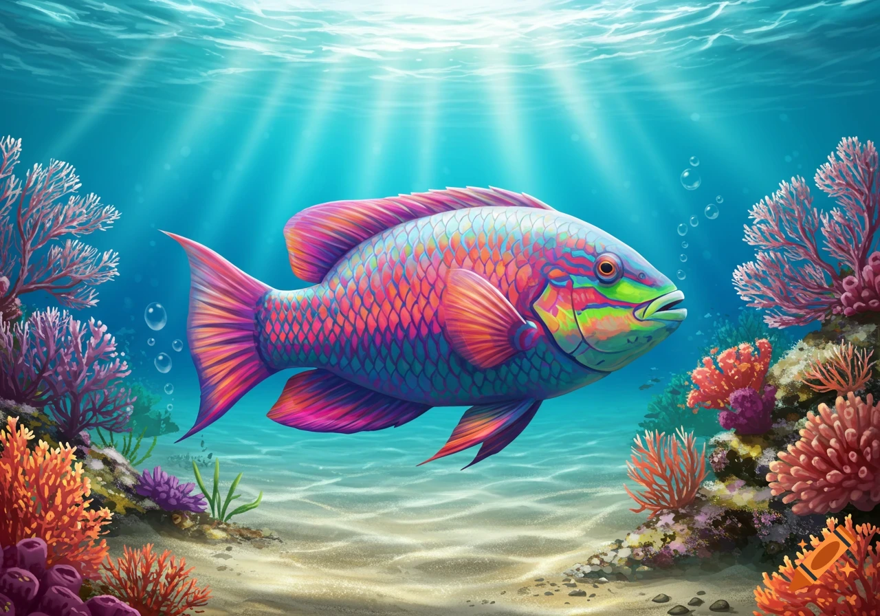 A vibrant, rainbow-colored fish swims among colorful coral and plant life in a clear blue ocean, with sunlight filtering from above.