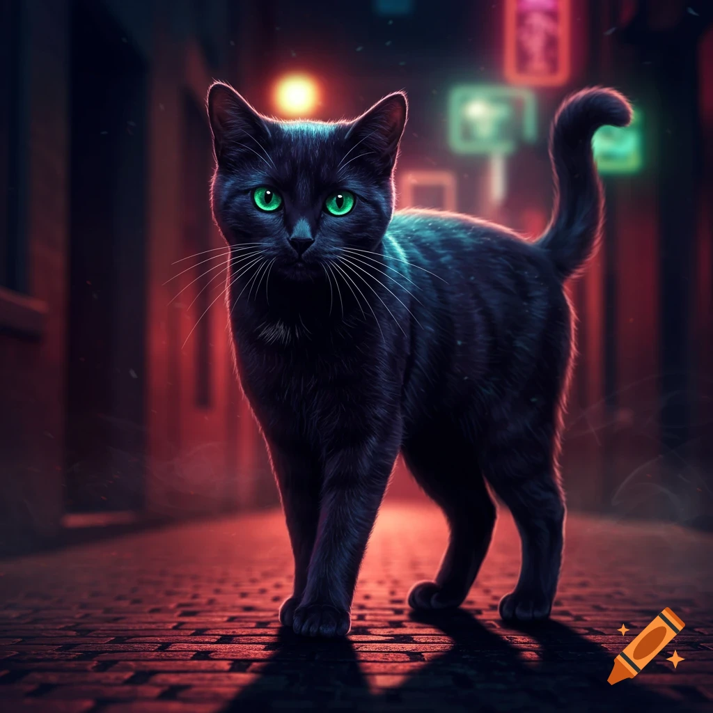 A black cat with vibrant green eyes stands on a wet brick alley at night, illuminated by blurred red and green neon lights.