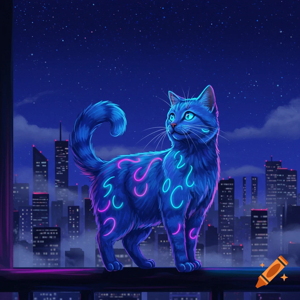 A blue cat with glowing pink and blue neon patterns on its fur stands on a ledge overlooking a futuristic city at night.