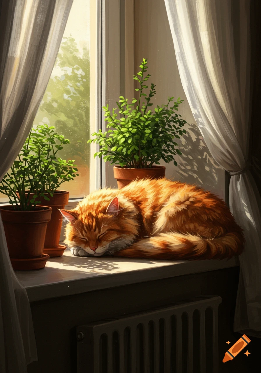 A fluffy orange cat sleeps on a sunny windowsill next to green potted plants, bathed in soft light, digital painting.