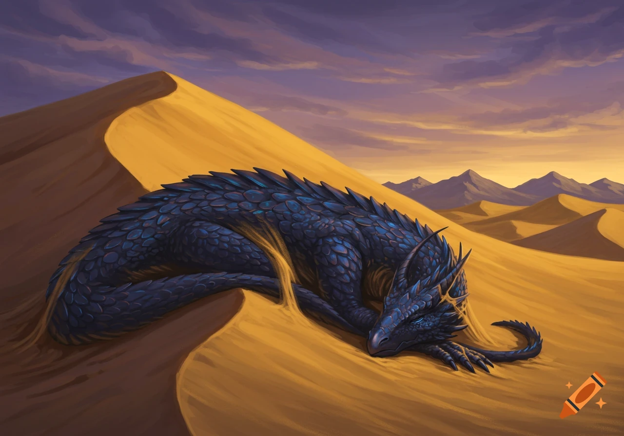 A large blue-scaled dragon sleeps curled up on a golden sand dune, partially covered by sand, under a twilight sky.