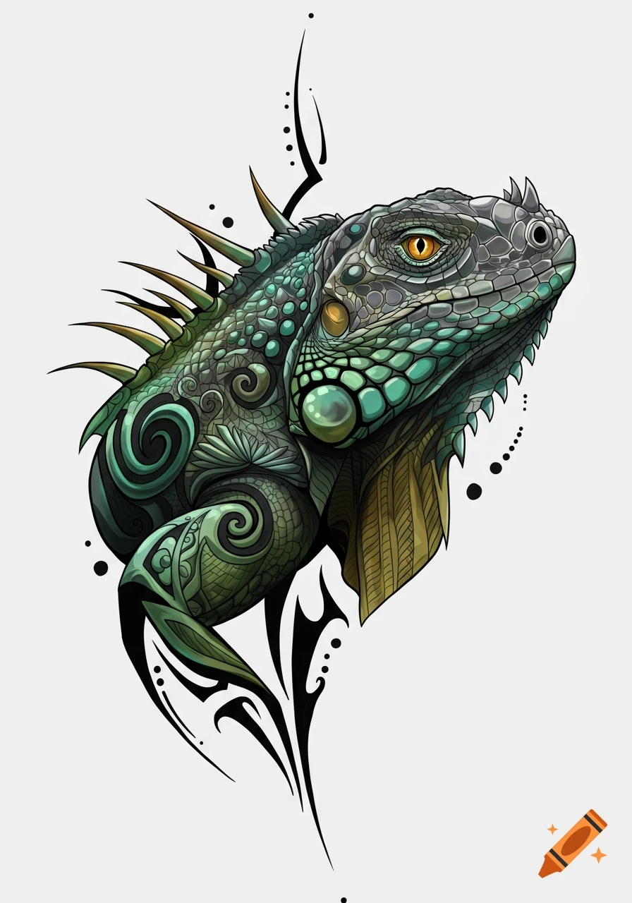 Detailed abstract tattoo-style illustration of an iguana with green, teal, grey scales, gold accents, and black tribal swirls.
