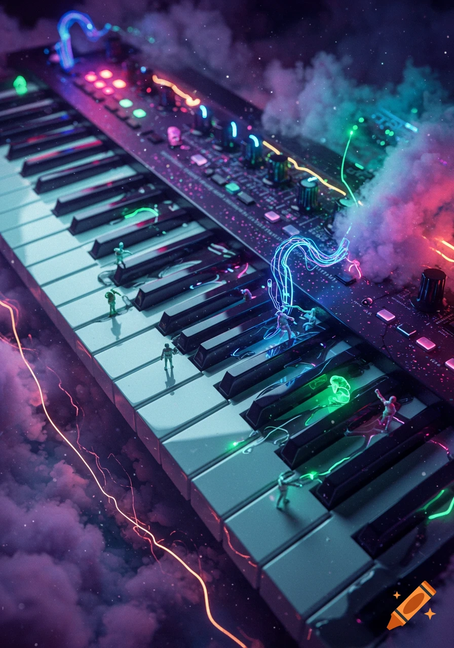 A vibrant, neon-lit keyboard synthesizer with small figures, glowing wires, and colorful smoke in a dark, starry background.