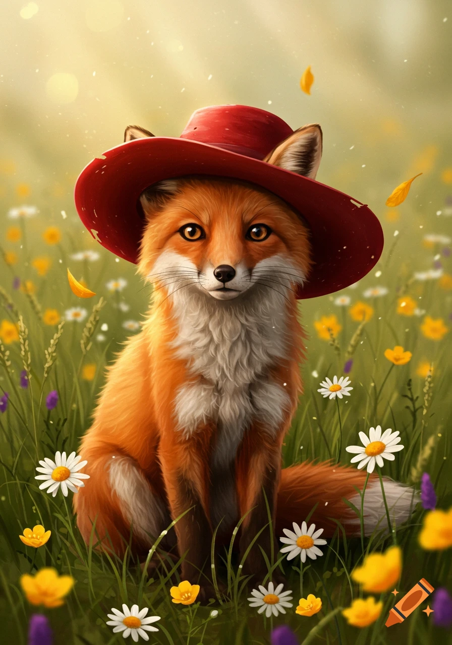 A cute orange fox wearing a red hat sits in a field of colorful wildflowers under a sunny sky, digital illustration.