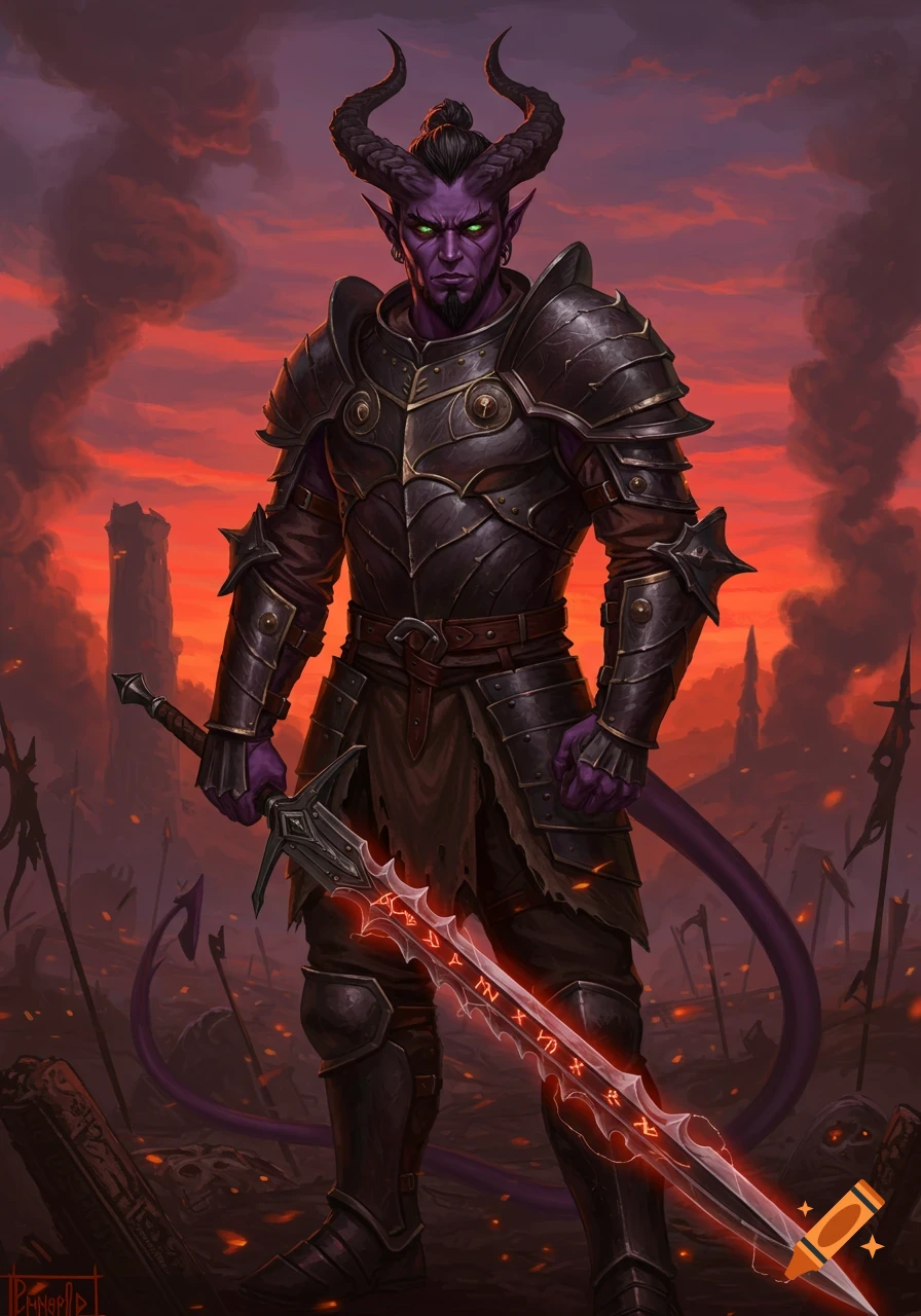 A purple-skinned tiefling warrior in dark armor with black horns holds a glowing, runic sword on a fiery battlefield.
