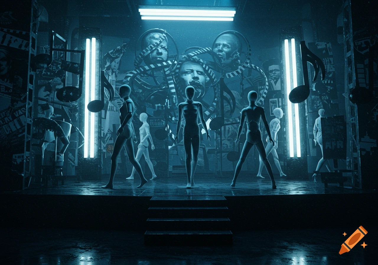 Stylized figures on a dark, neon-lit stage, surrounded by large faces, musical notes, and posters.