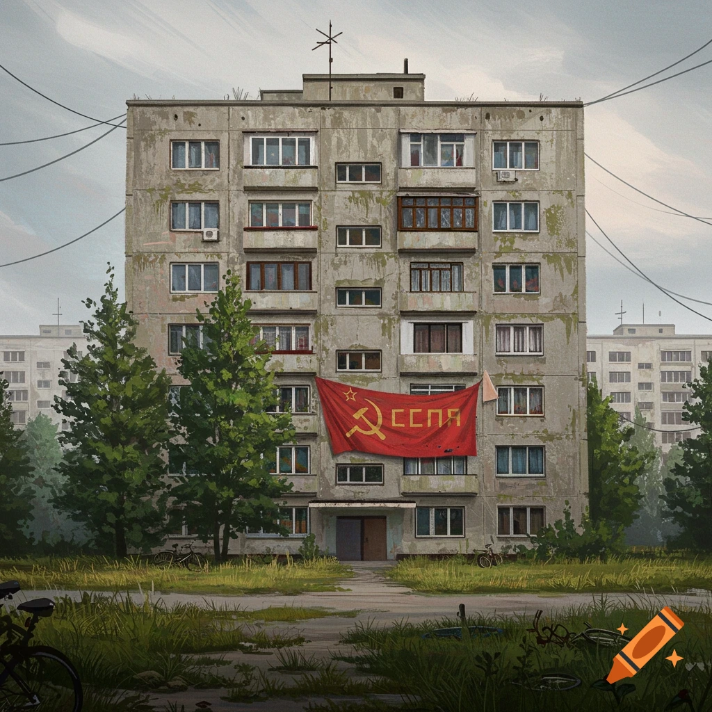 A weathered concrete apartment building with a red flag displaying a hammer and sickle and 'СССР' text, overgrown foreground, digital painting.