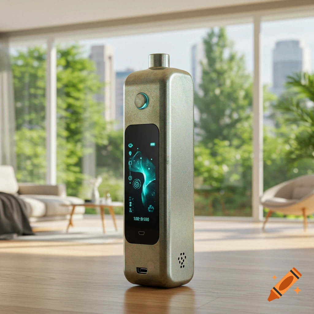Sleek metallic futuristic device with a glowing screen on a wooden floor in a modern room with city views.