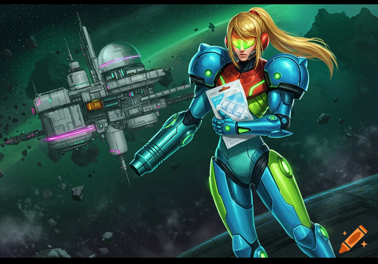 Samus Aran in her Fusion suit holding a package, standing in space with a futuristic space station and asteroids in the background.