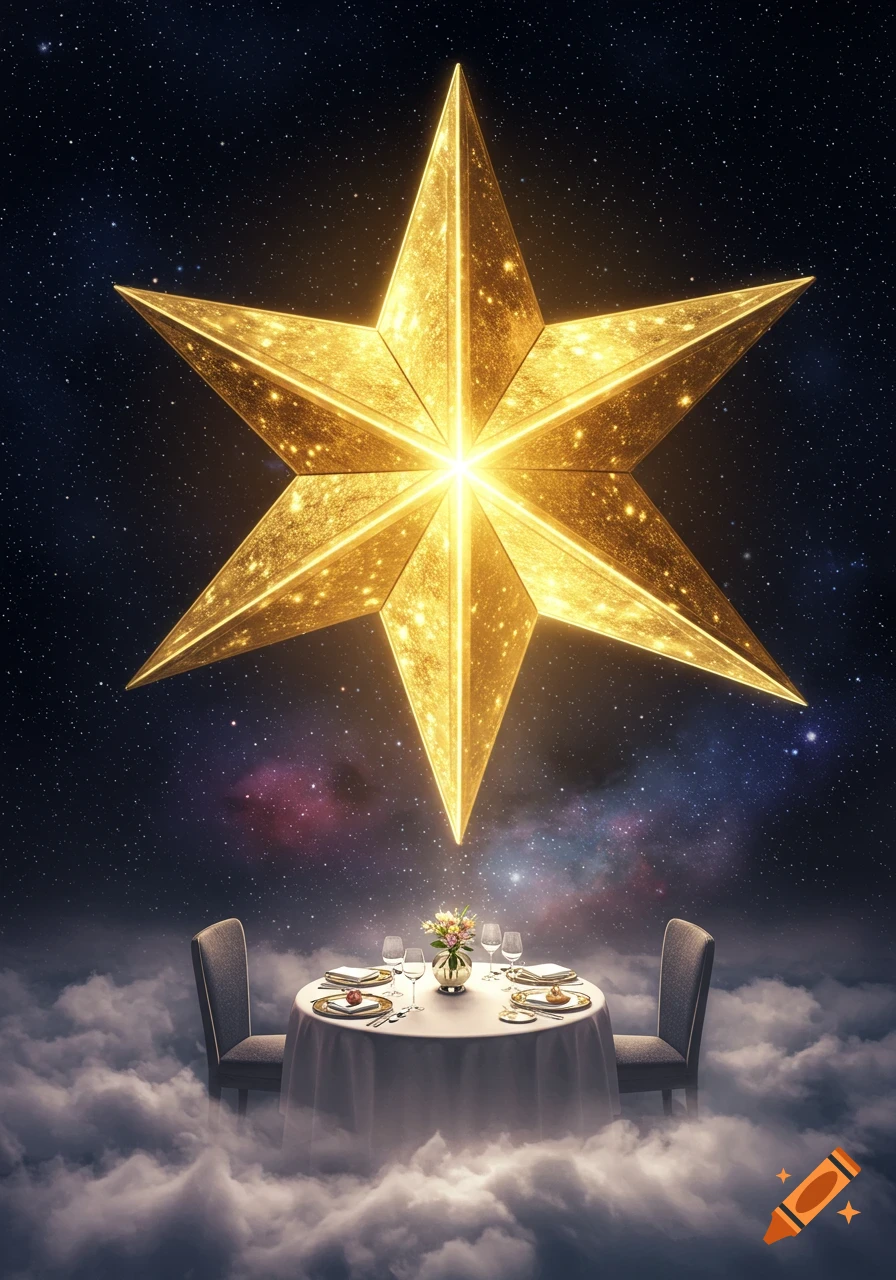 A giant, glowing golden star hangs over a formal dining table set for two, floating in clouds under a starry night sky.