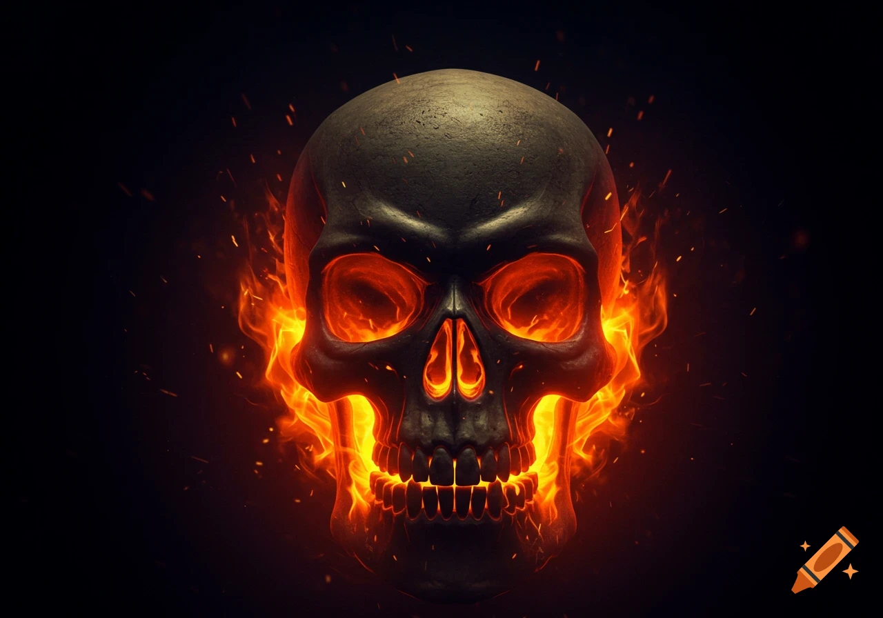 A stylized, threatening skull engulfed in bright orange and yellow flames against a dark ominous background.