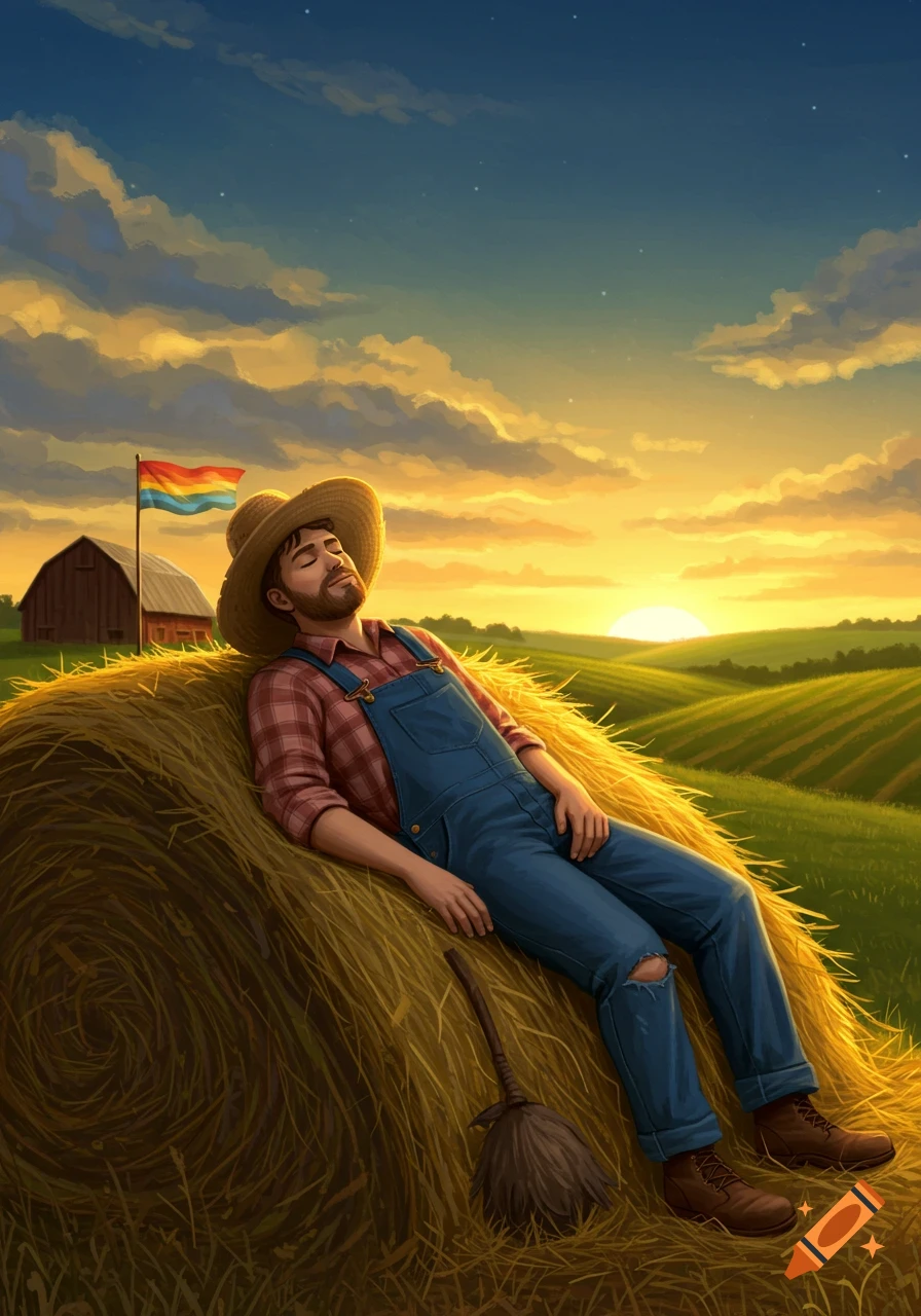 Illustrated farmer in overalls and straw hat sleeping peacefully on a haystack at sunset, with a pride flag, barn, and rolling hills.