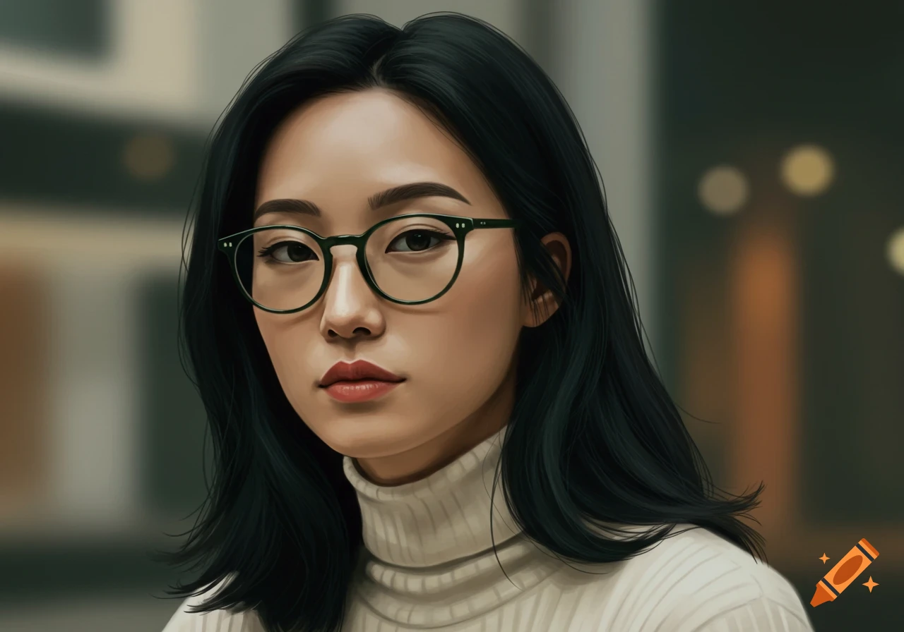 A digital painting of a serious-looking Asian woman with dark hair, green round glasses, and a cream turtleneck sweater.
