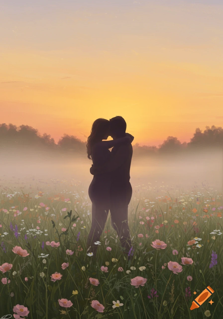 Stylized illustration of two silhouettes embracing in a misty field of wildflowers at sunrise or sunset.