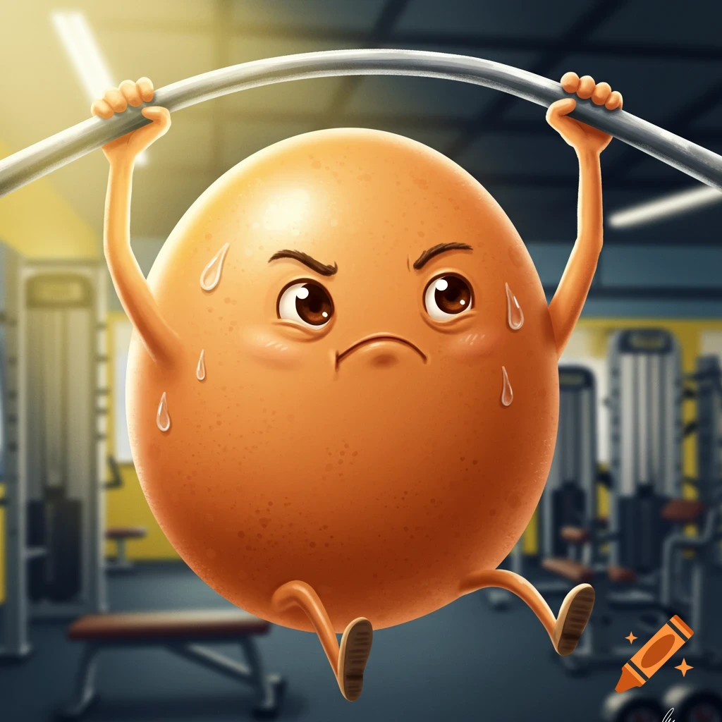A determined cartoon egg sweats while doing a pull-up on a bar in a gym setting, rendered in an illustrative style.