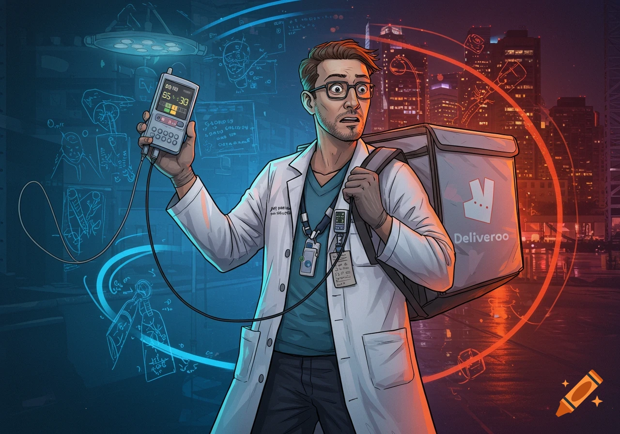Cartoon biomedical technician in a lab coat, holding a medical device, with a Deliveroo delivery bag strapped to his back. He looks overwhelmed, standing between a blue scientific lab background and an orange city skyline.