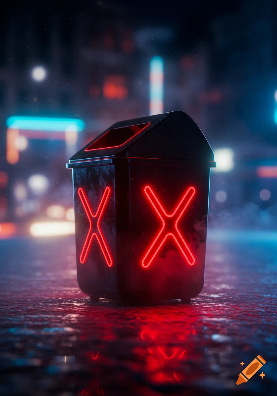 A black trash bin with glowing red neon 'X's on its sides, reflecting on a wet city street at night, illuminated by cyberpunk-style lights.