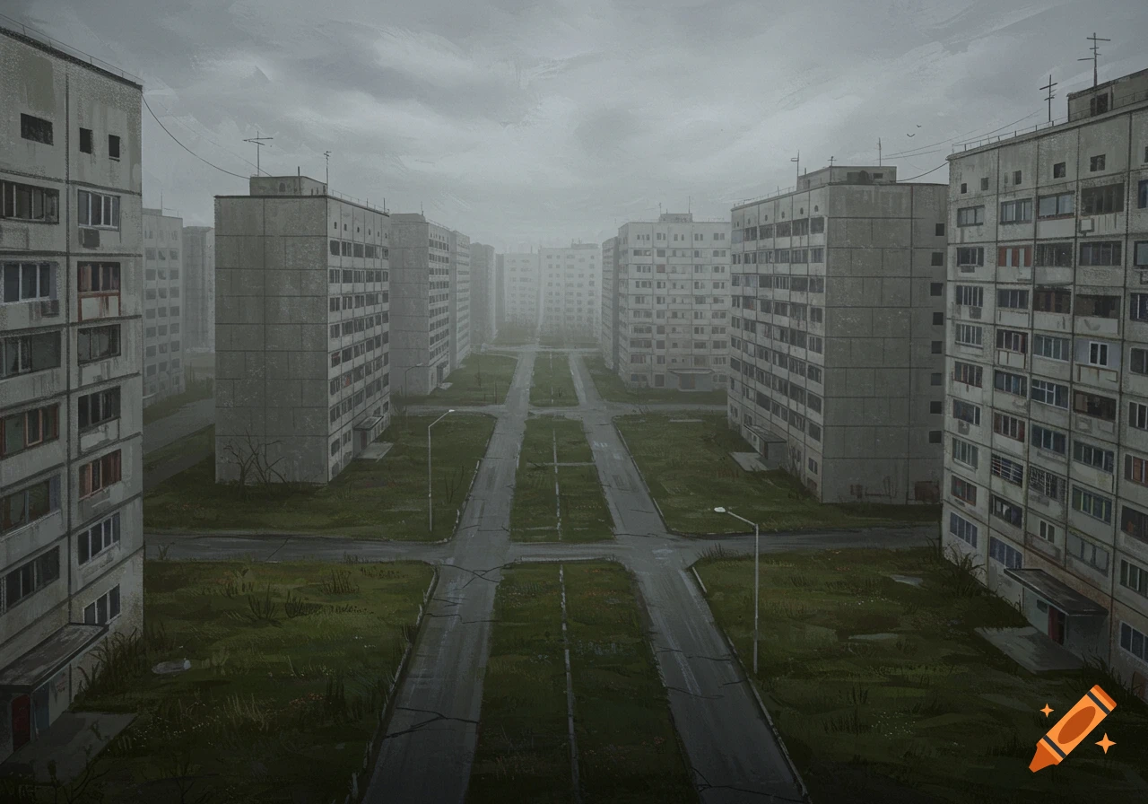 A grey, sad Soviet-era apartment complex with blocky buildings and overgrown roads under a cloudy sky.