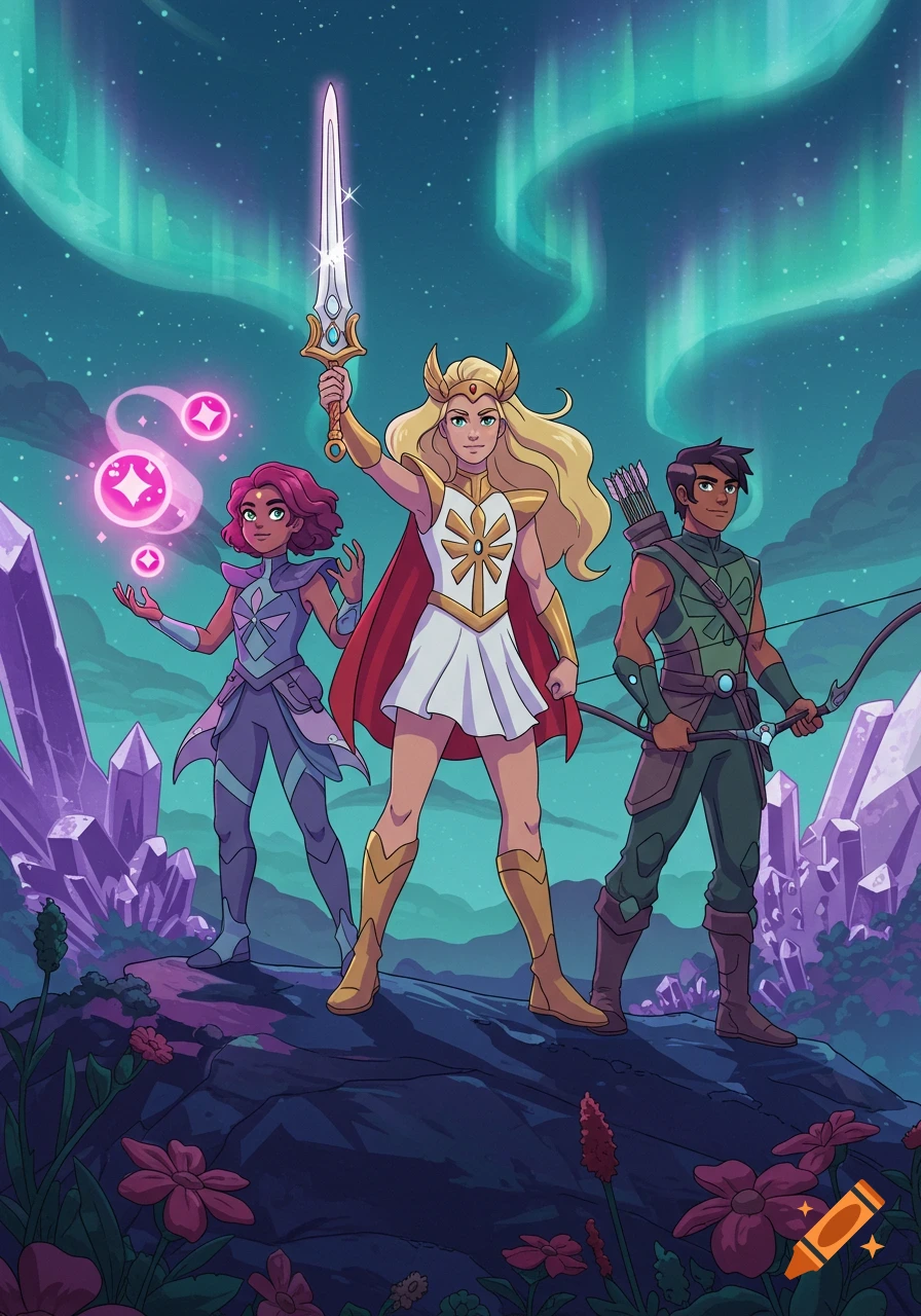 She-Ra, Glimmer, and Bow stand on a rocky outcrop with glowing crystals and an aurora sky. She-Ra holds a sword, Glimmer casts magic.