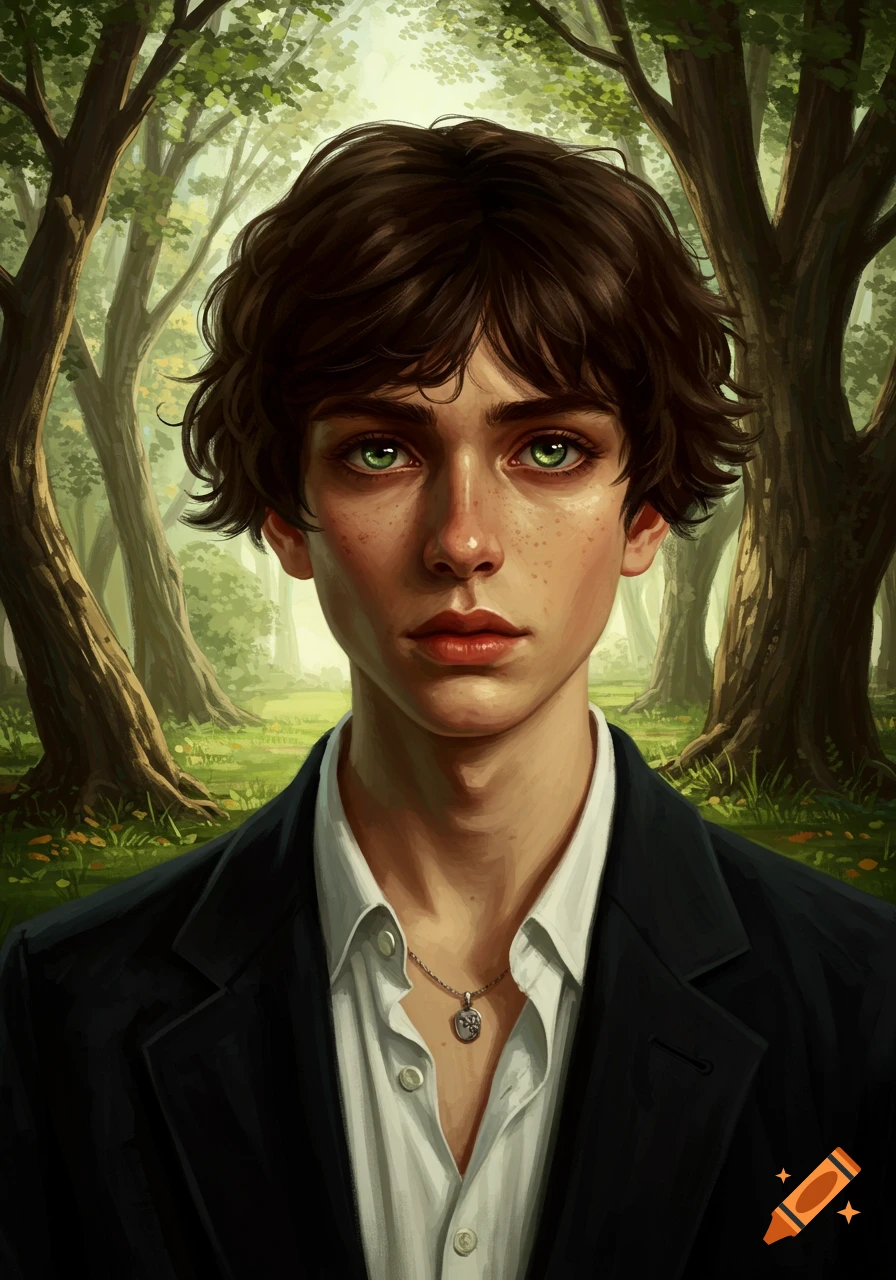 Oil painting of a young person with dark brown hair and bright green eyes, wearing a blazer, looking forward in a verdant forest.