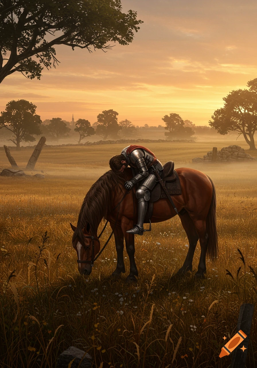 A knight in full armor slumps over his brown horse in a misty golden field at sunset, under a large tree.