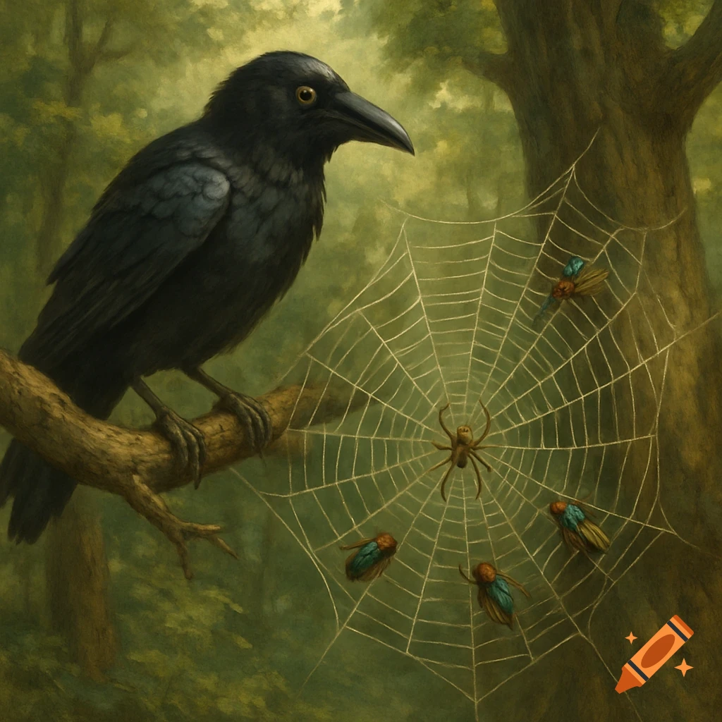 A realistic painting of a black crow on a branch observing a spider and several flies caught in a web in a green forest.