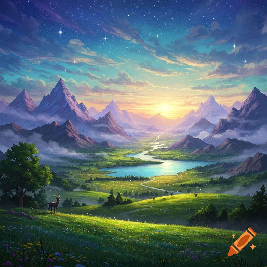 Vibrant fantasy landscape digital art with majestic mountains, a winding river, a calm lake, lush valleys, a sunset, and deer under a starry sky.