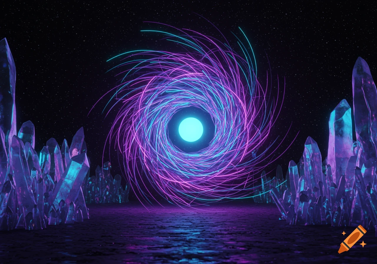 A glowing blue and purple light vortex in a starry cosmic landscape, flanked by radiant purple and blue crystals.