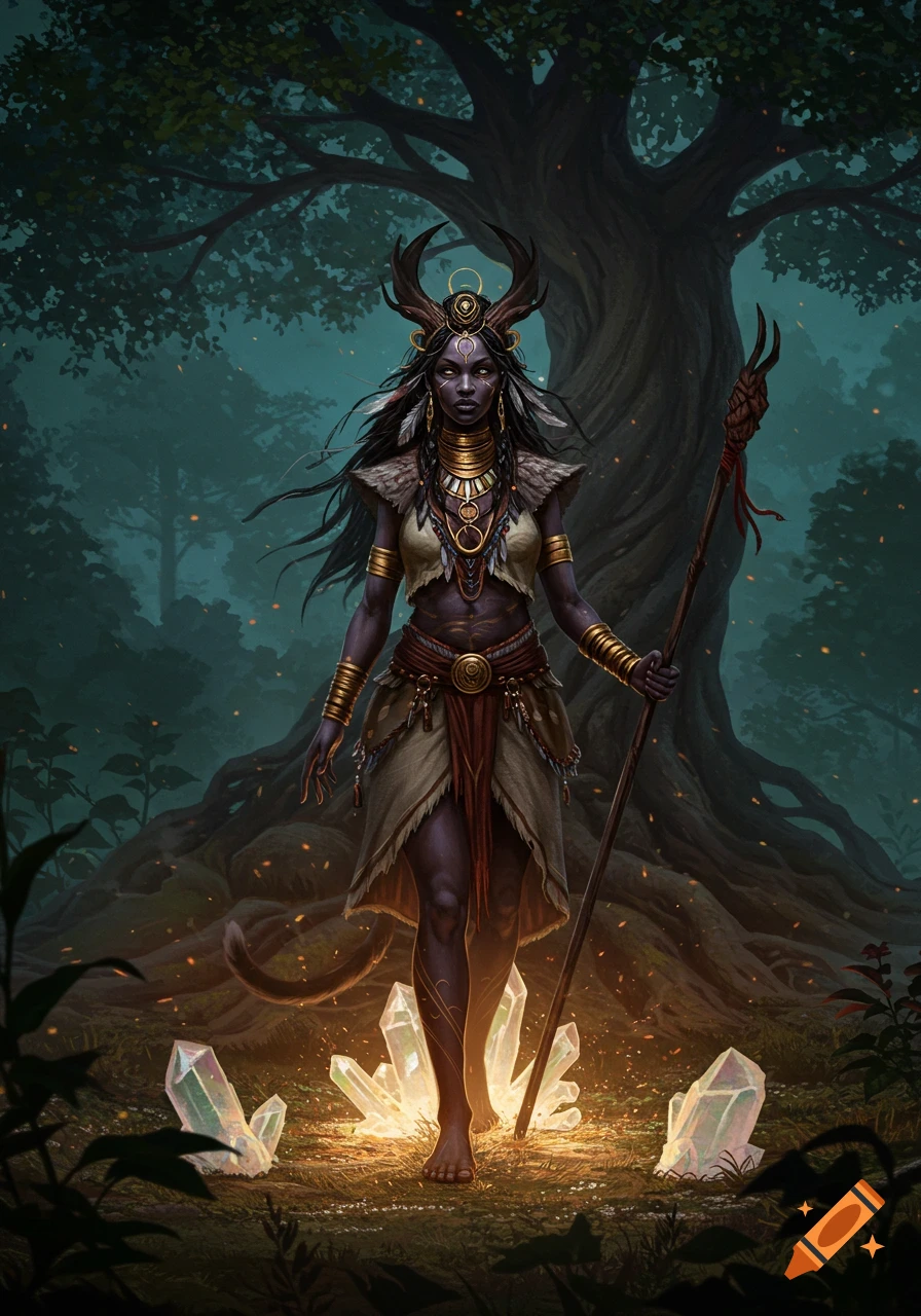 A dark-skinned female shaman with horns, tribal attire, and a staff stands barefoot in a mystical moonlit forest with glowing crystals.