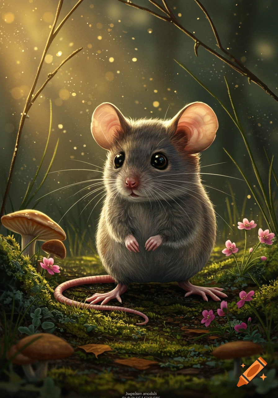A cute, fluffy mouse with big ears and large dark eyes sits among mushrooms and pink flowers in a sunlit forest.