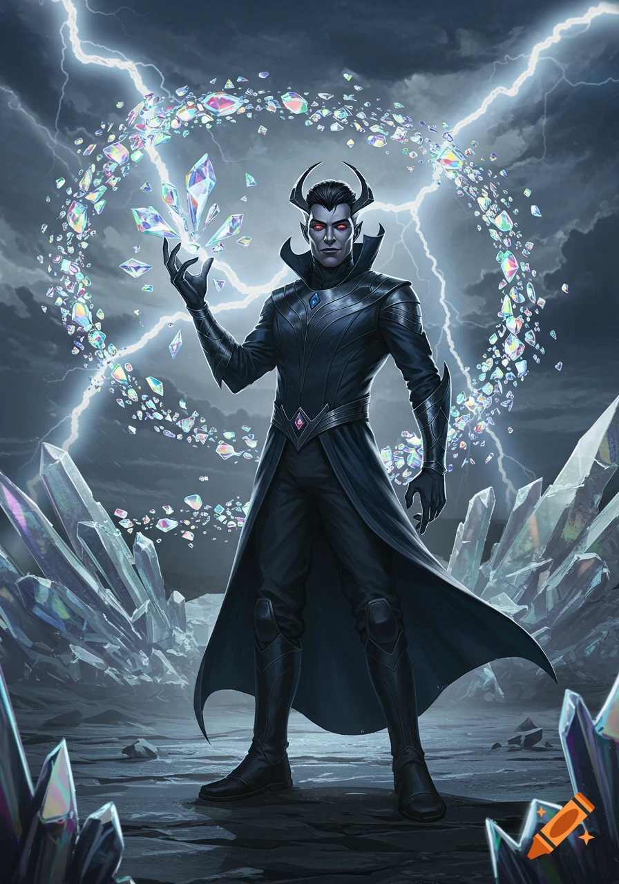A dark fantasy villain with horns and red eyes stands on crystalline ground, manipulating iridescent crystals as lightning strikes overhead.