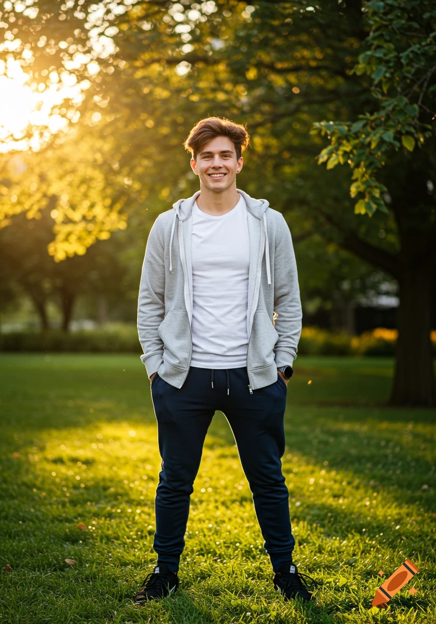 A friendly young man in a grey hoodie and joggers smiles at the camera in a sunlit park.