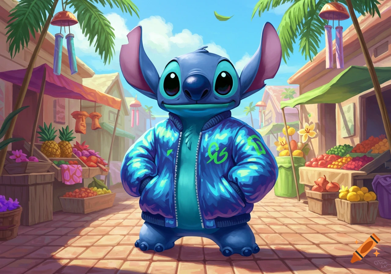 Stitch, the blue alien character, wearing a shiny blue jacket in a vibrant tropical market filled with fruit stalls and palm trees. Cartoon style.