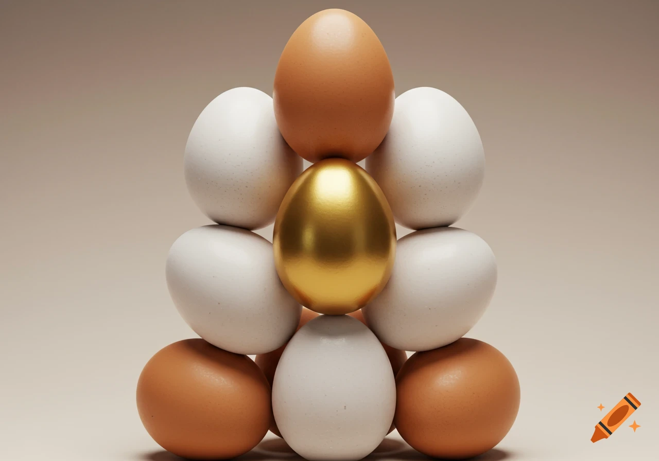 A pyramid of white and brown eggs, with a gleaming golden egg placed prominently at its center.