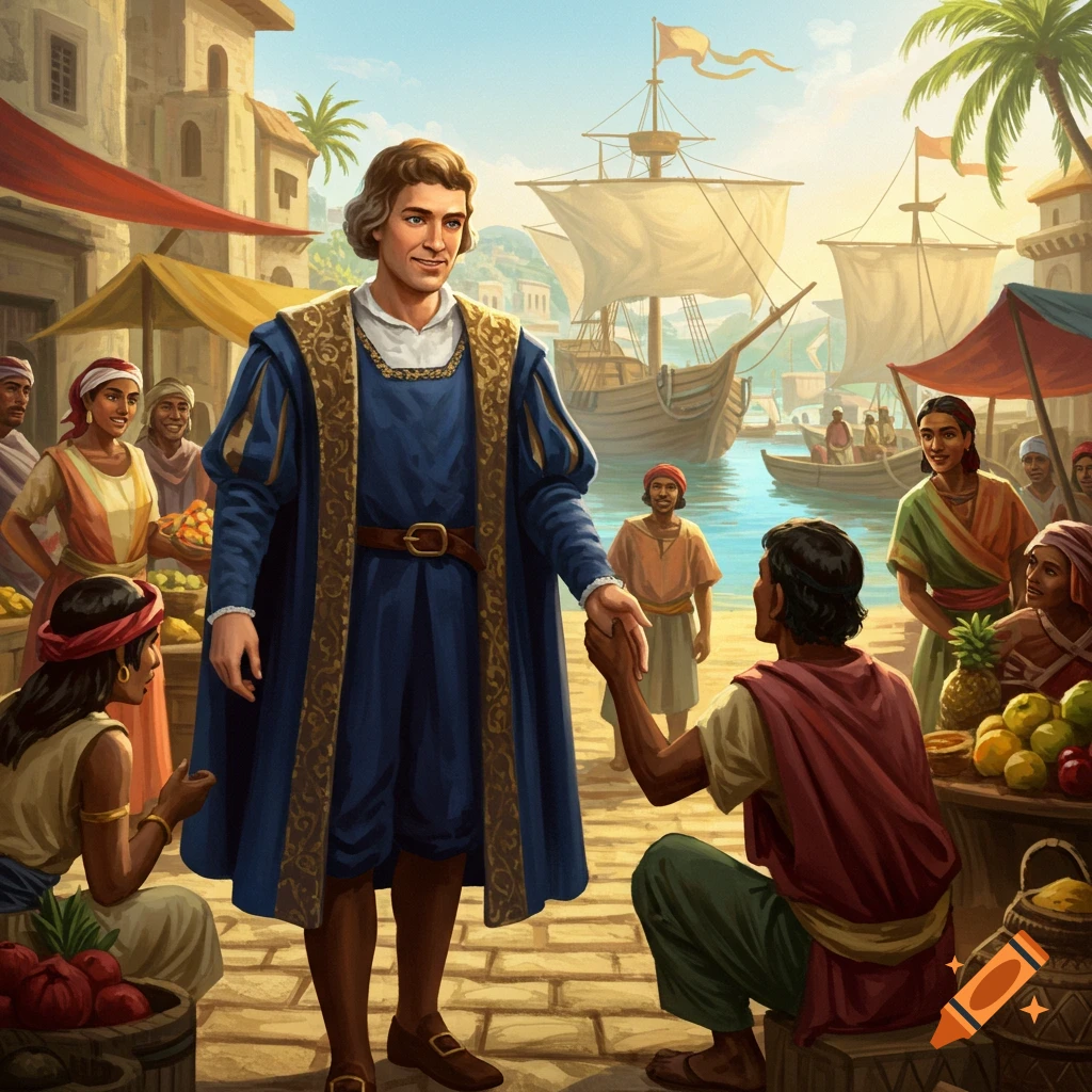 An illustration of Christopher Columbus shaking hands with a local in a bustling port market with ships in the background.