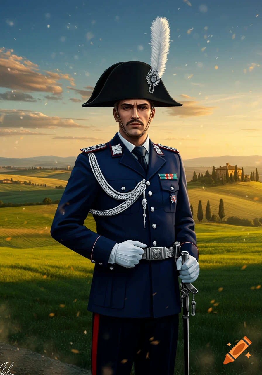 Man in dark blue Carabinieri uniform with plumed hat and sword, standing in a sunny, green rural landscape.