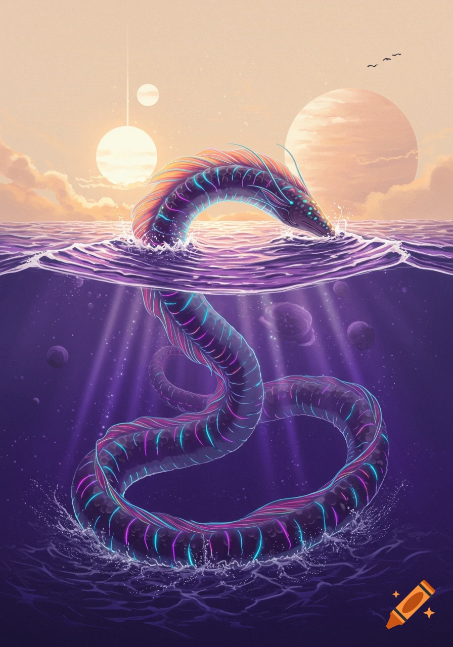 A glowing, dragon-like sea eel with multicolored stripes surfaces in a purple ocean under a pale orange sky with two suns.