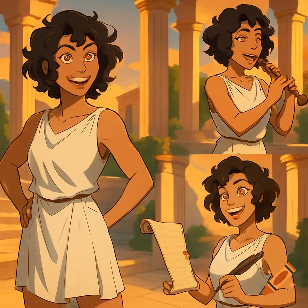 A multi-angle character study of a playful woman with curly dark hair and golden eyes, in a white chiton, against an ancient Greek backdrop.