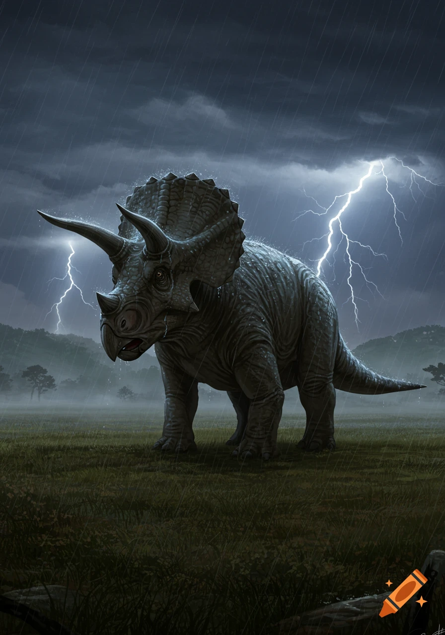 A grey Triceratops stands in a grassy field during a heavy thunderstorm with lightning striking in the background.