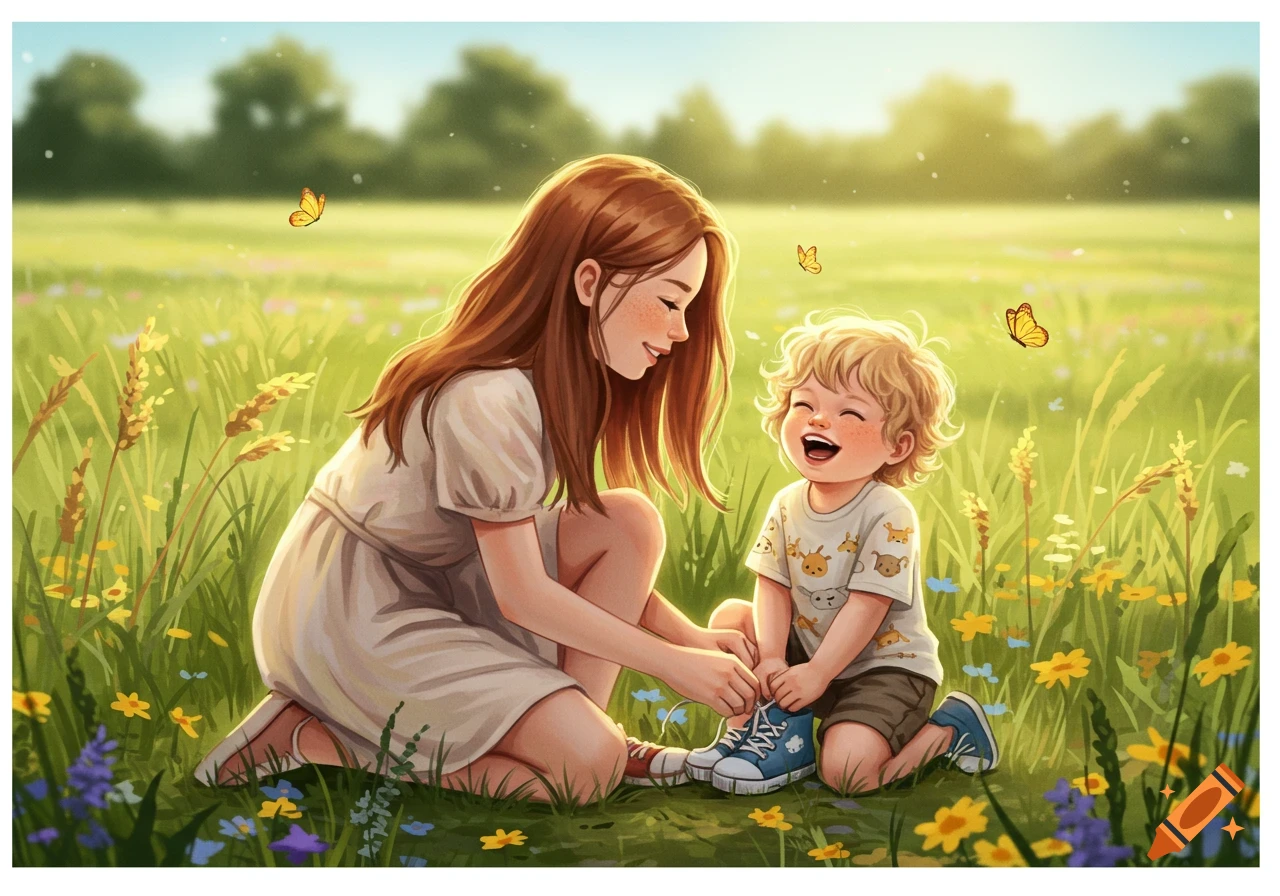 An illustration of a woman kneeling to tie a young boy's shoe in a sunny, flower-filled field with butterflies.