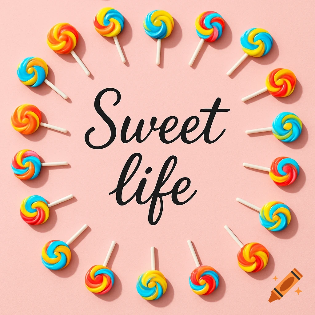 Colorful swirl lollipops arranged in a circle around the black cursive text 'Sweet life' on a pastel pink background.