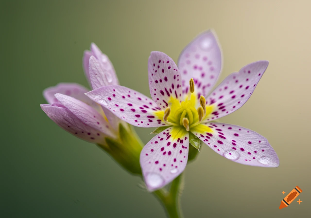 Close-up of a light purple flower with dark purple spots, a yellow center, and water droplets on its petals, against a soft green and yellow bokeh background.