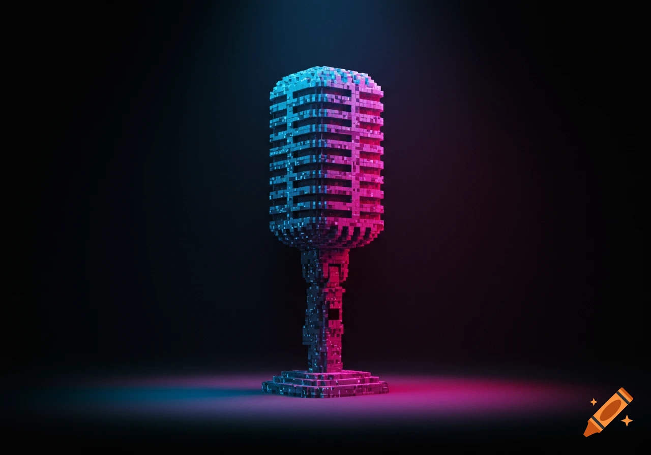 A pixilated microphone rendered with vibrant blue and pink neon lighting on a dark background.