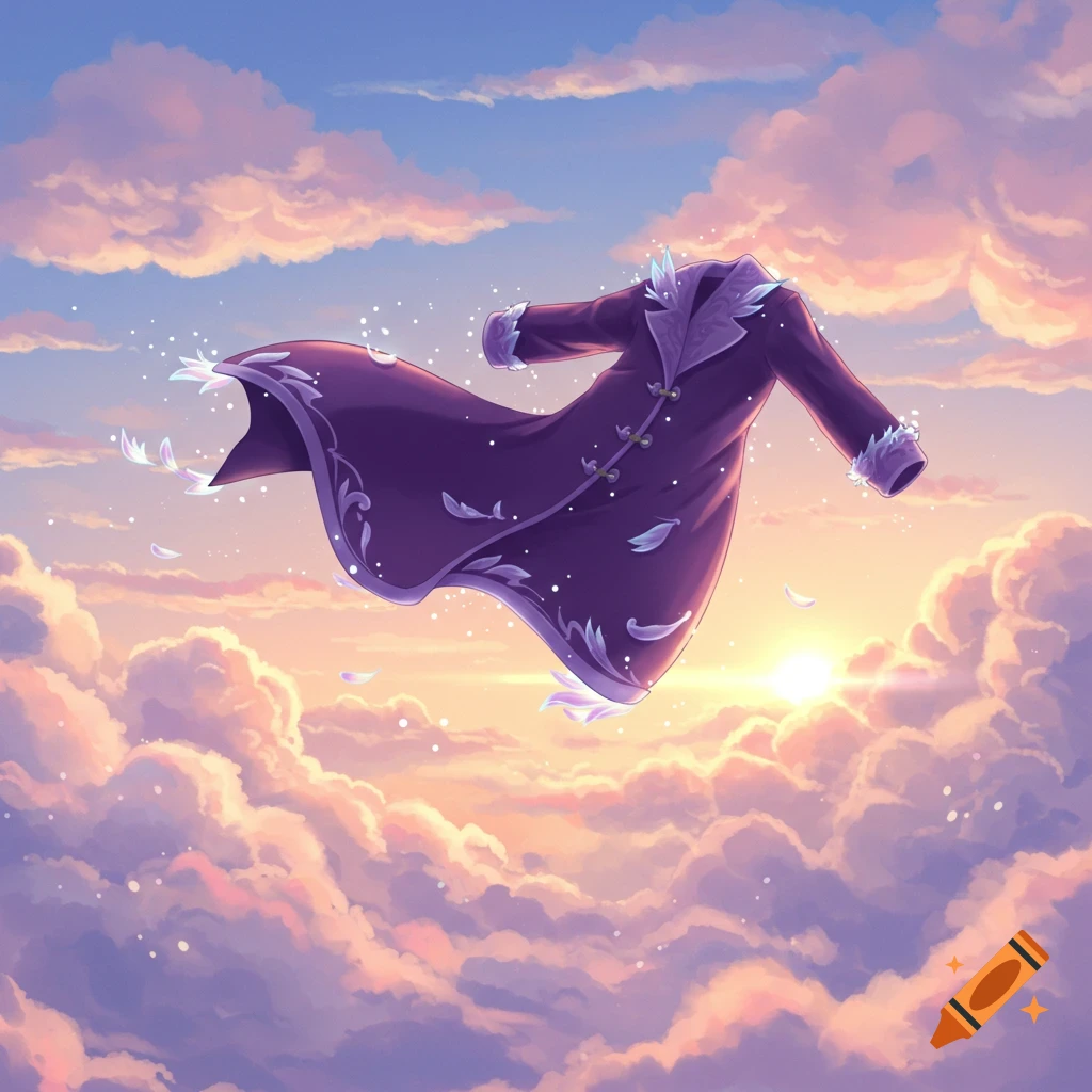 A floating purple anime coat with fur trim and swirling patterns, surrounded by feathers, against a pastel sky with clouds and a rising sun.