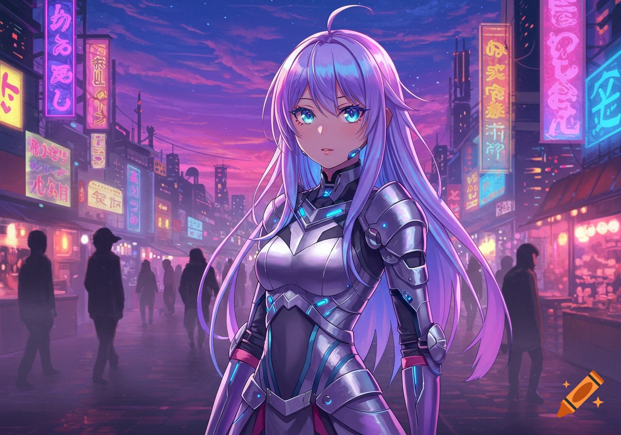 Anime girl in futuristic armor with glowing blue accents stands in a vibrant cyberpunk city street at dusk, surrounded by neon signs and silhouetted figures.