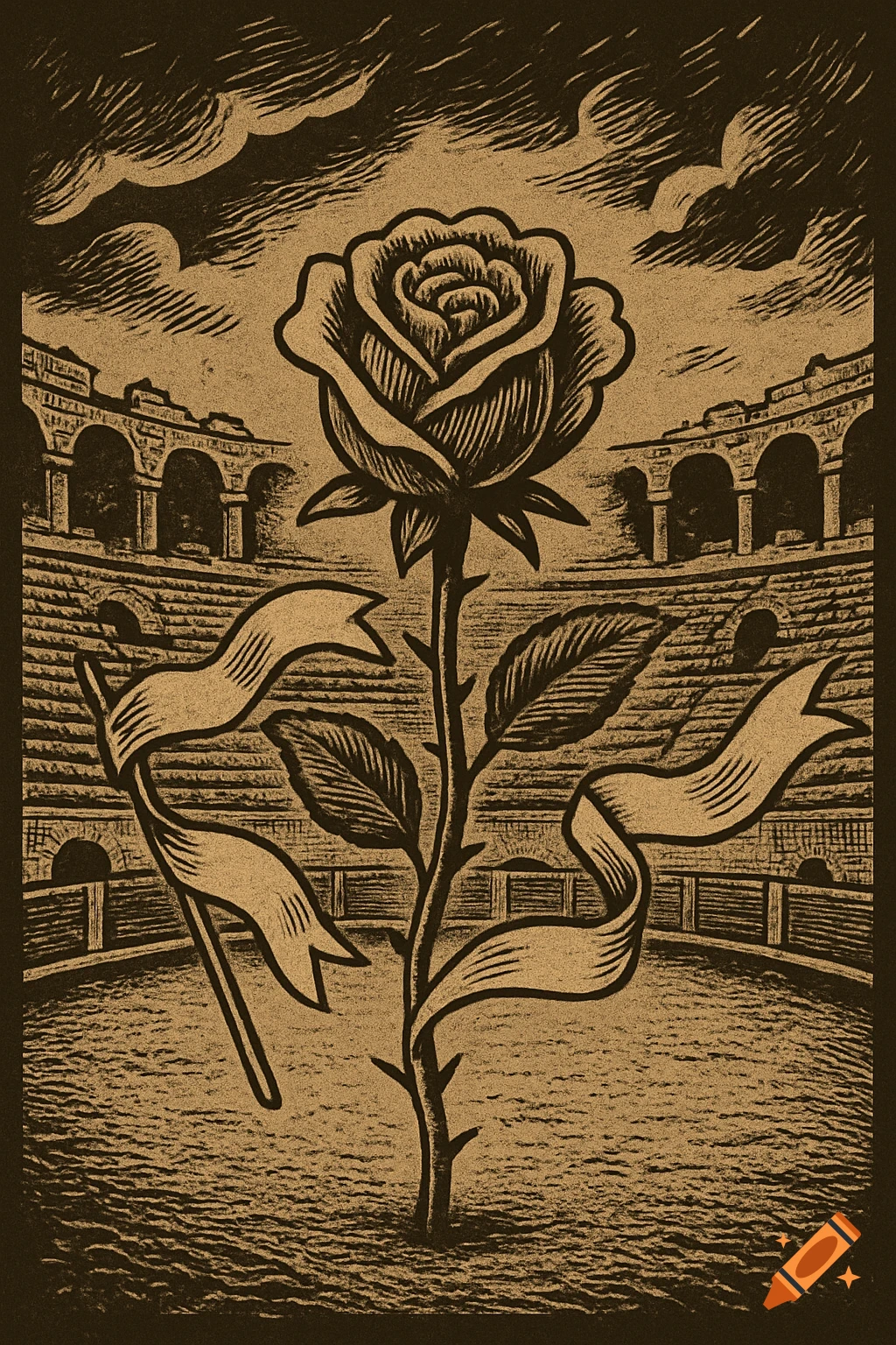 Stylized single-color illustration of a rose with ribbons in an ancient amphitheater, in an old cartoon style.