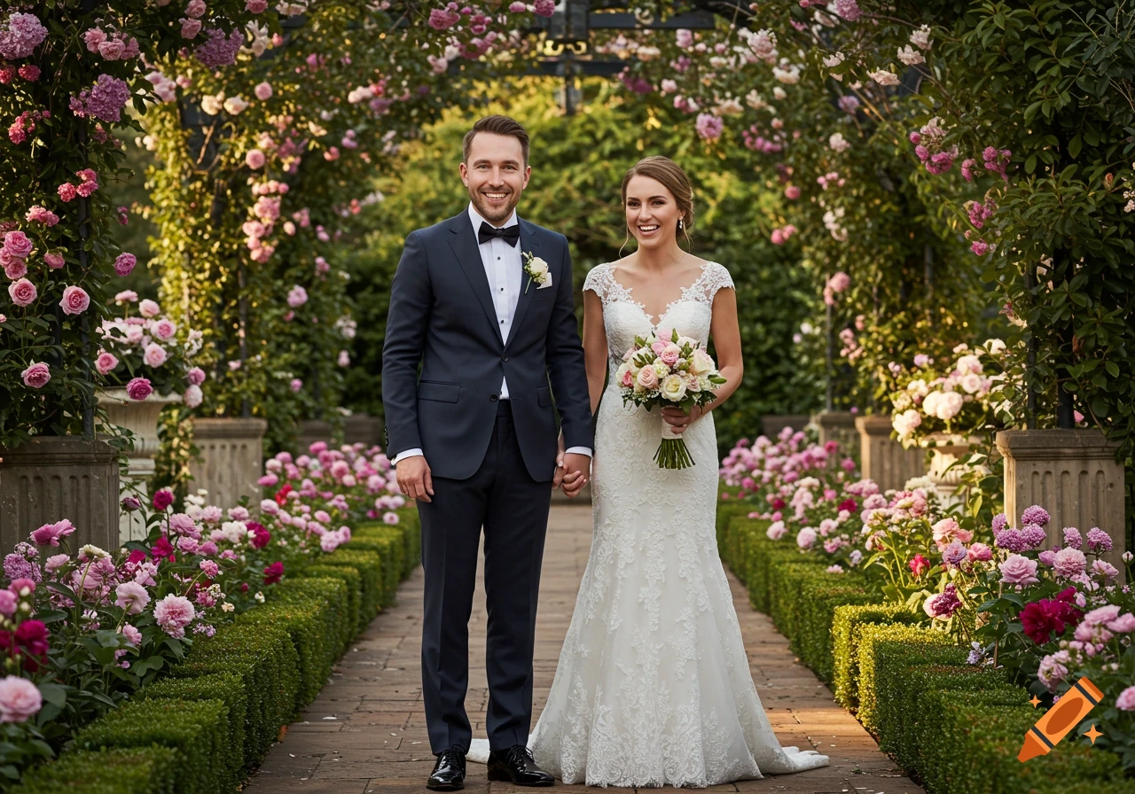 A smiling bride and groom holding hands in a beautiful rose garden path.