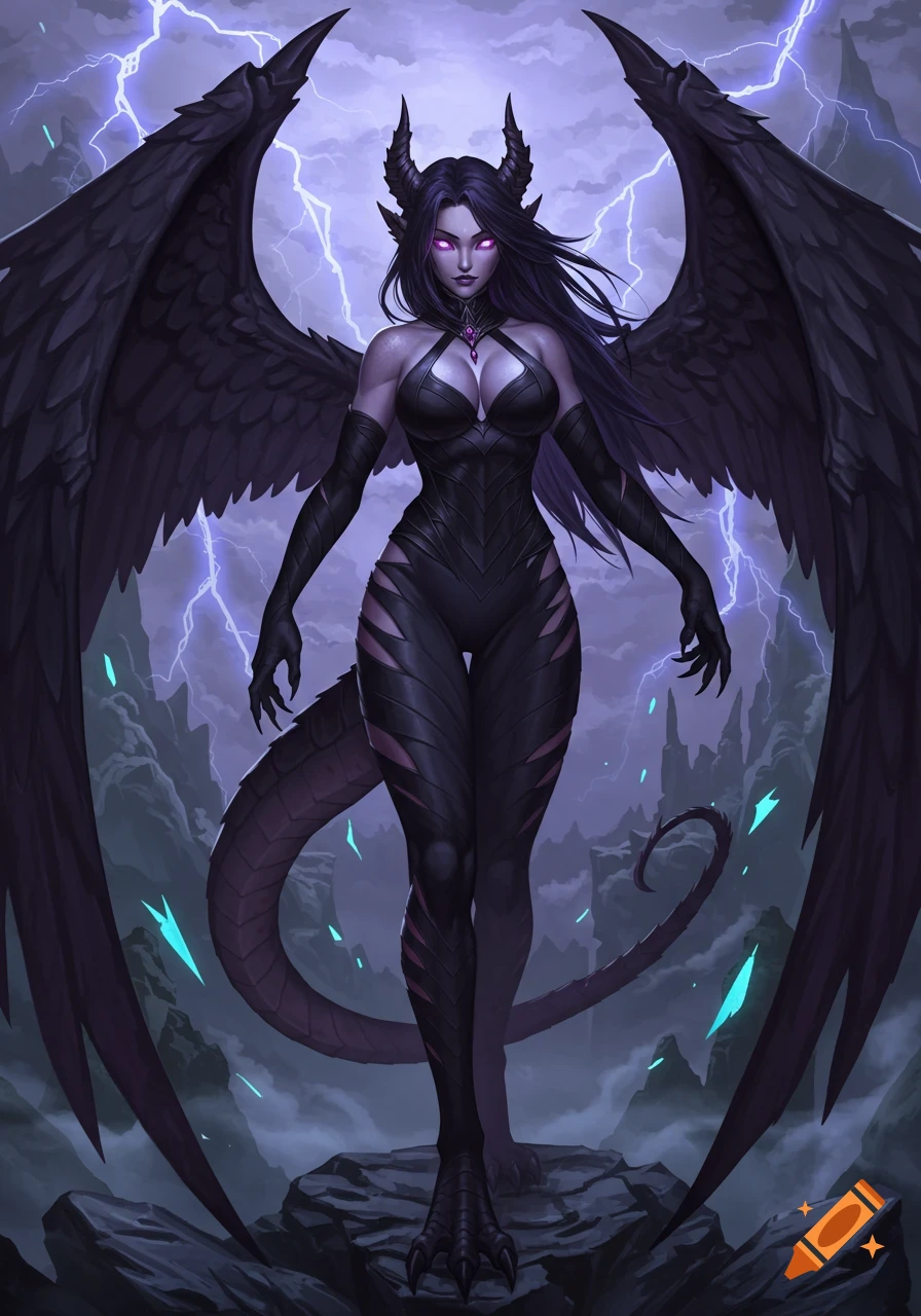 A gothic dragon woman with large black wings, horns, and glowing purple eyes stands in a stormy, lightning-filled purple landscape.