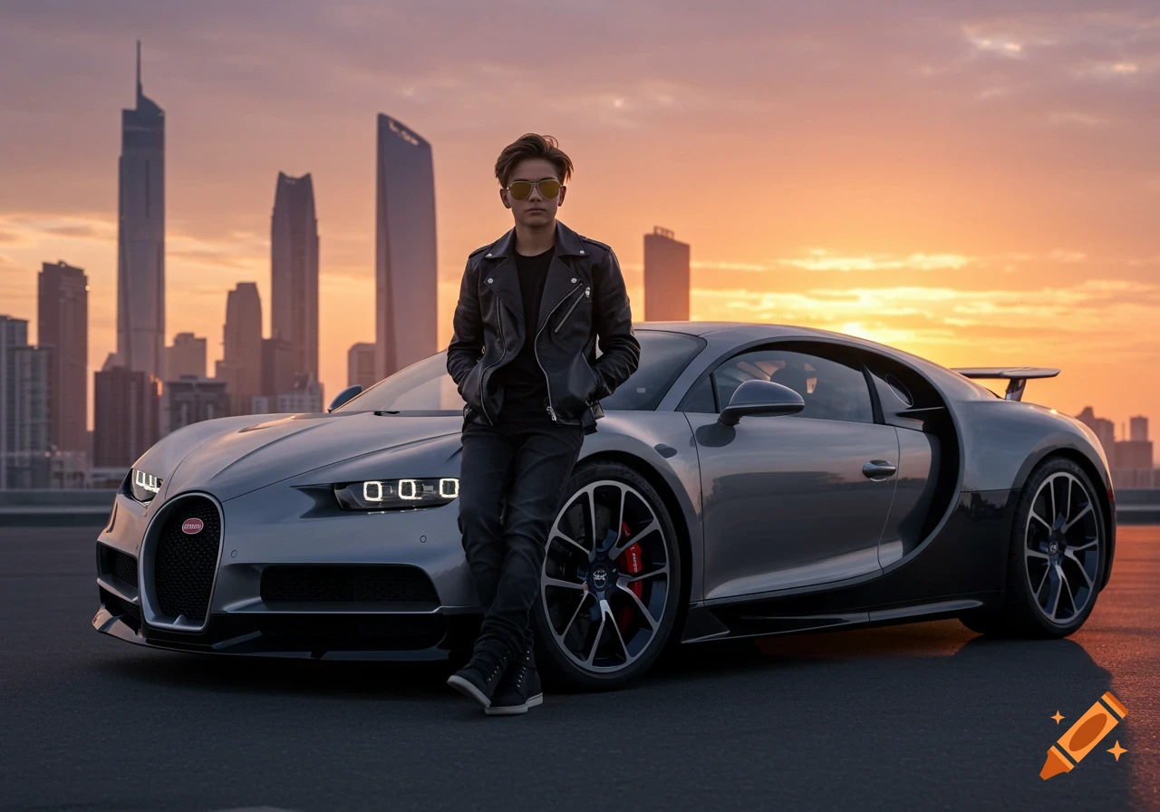 A cool young man in a leather jacket and sunglasses leans against a grey Bugatti supercar with a city skyline and sunset background.